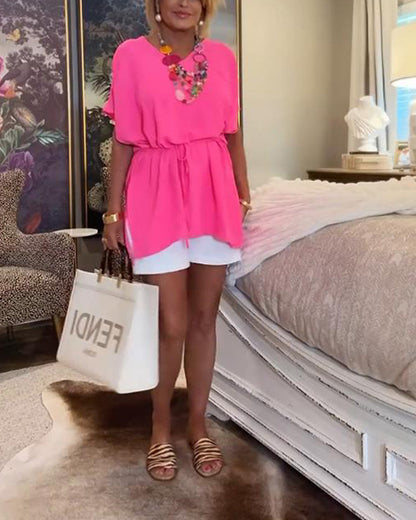 Short-Sleeved Tie V-Neck Blouse