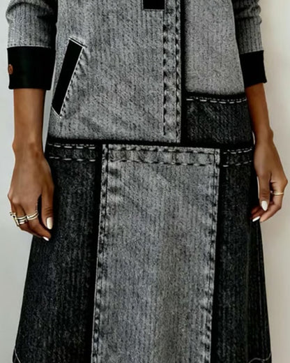 Button Lapel V-Neck Color Block Fashion Dress