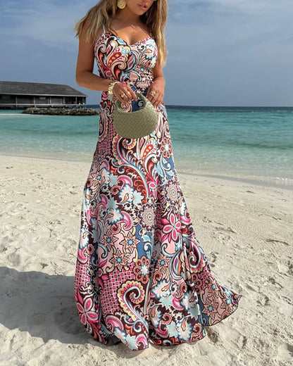 Beach Vacation Printed Sling Dress