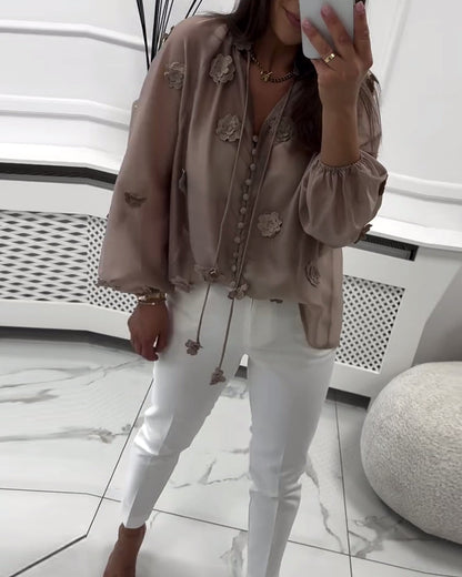 Solid Color 3D Floral Lace-Up Blouse