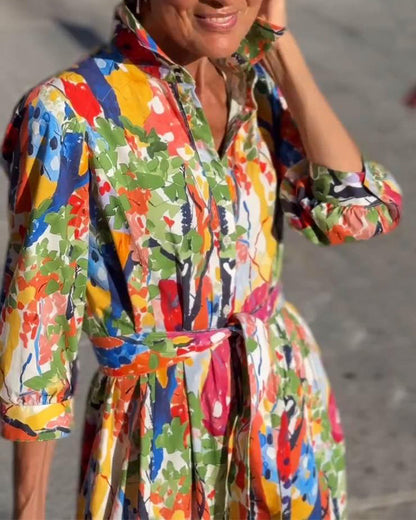 Lapel Fashion Half-Length Sleeve Printed Swing Dress