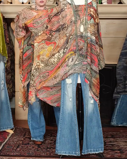 Loose Batwing Sleeve Print Blouse