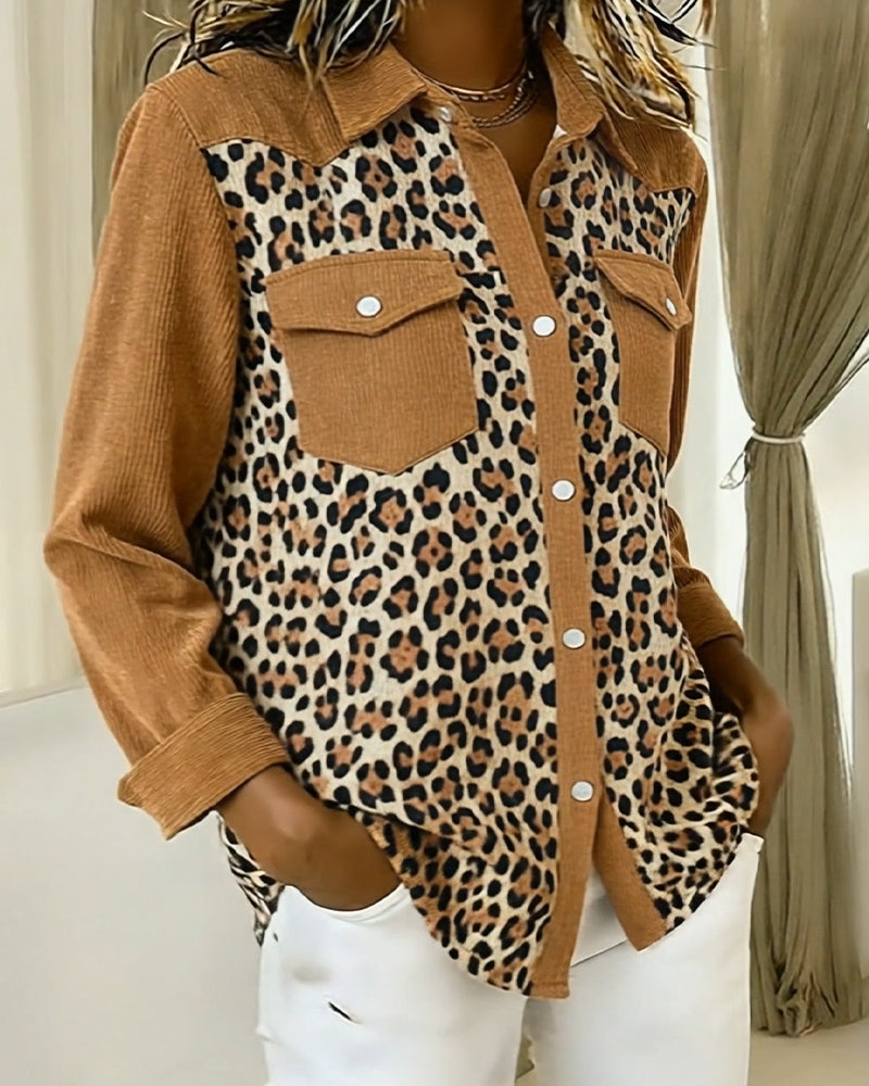 Long-Sleeved Leopard Print Patchwork Shirt