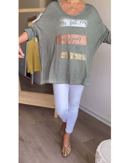 Long sleeve round neck letter print top