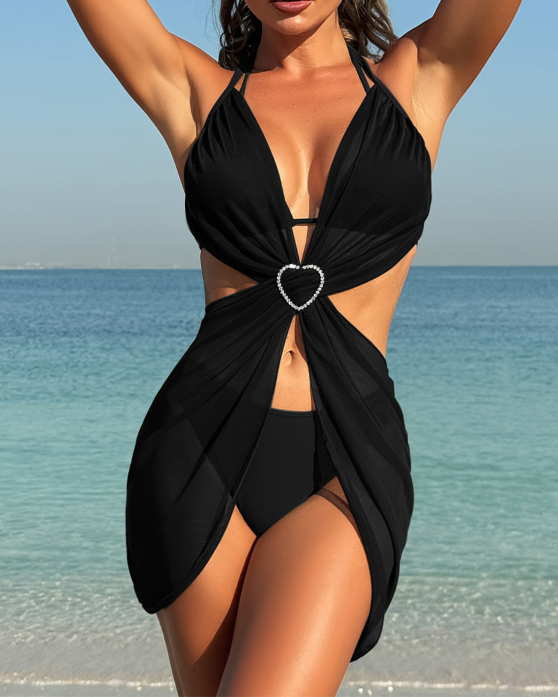 Romantic Heart Chiffon Cover-Up Swimsuit Three-Piece Set