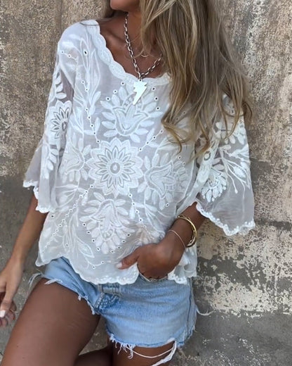Butterfly Sleeve Round Neck Embroidered Blouse