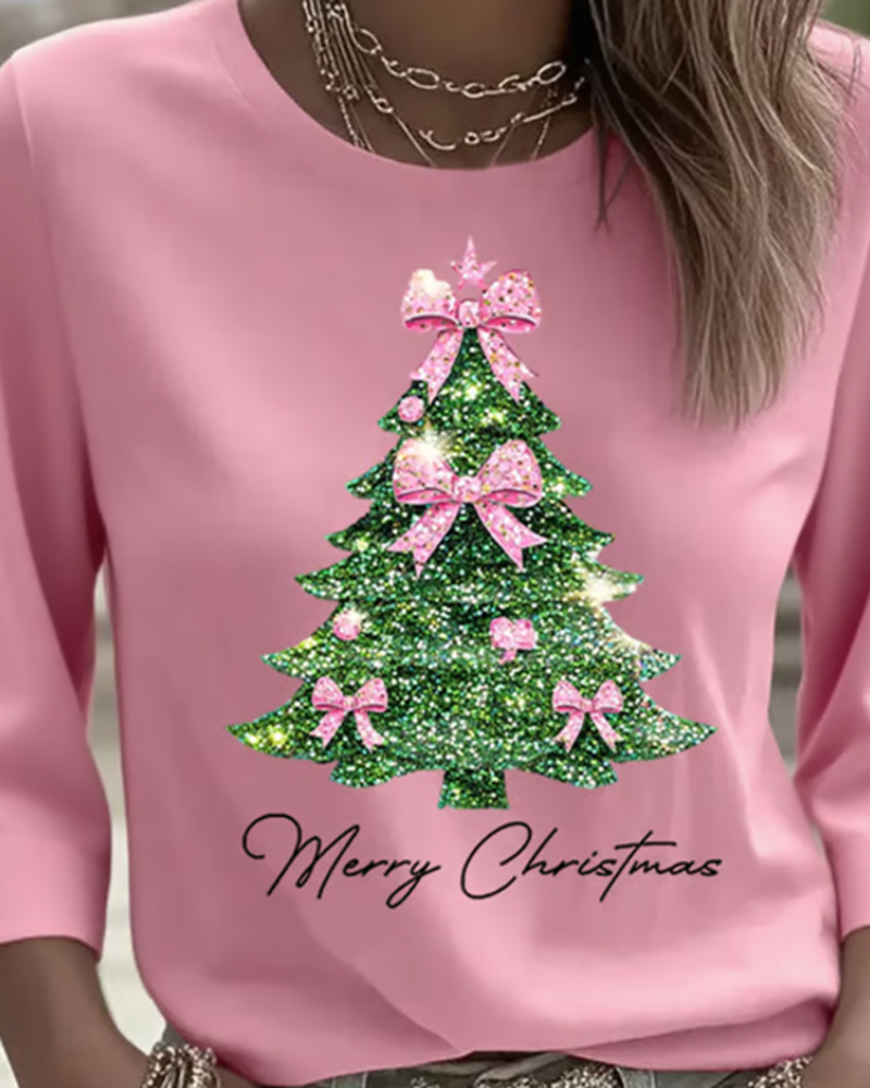 Three-Quarter Sleeve Christmas Print Top
