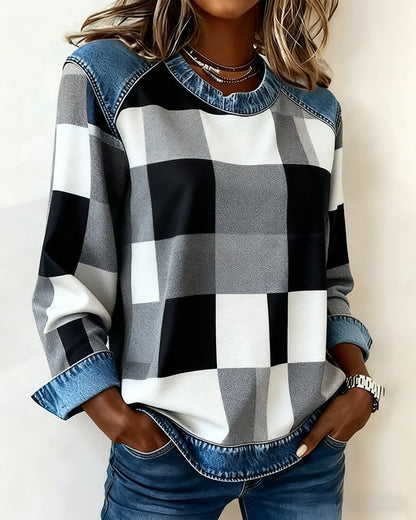 Plaid Patchwork Contrast Color Sweatshirt