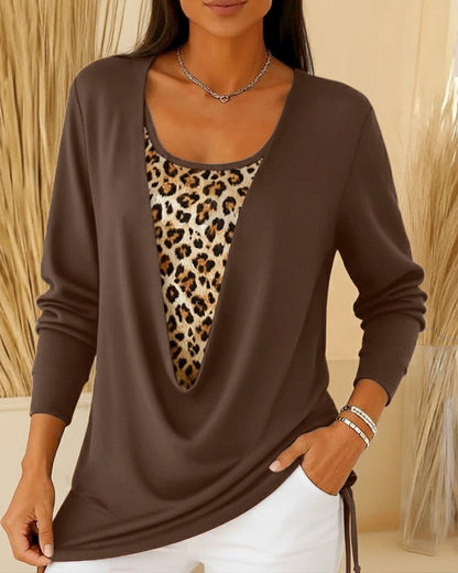 Fake Two-Piece Lace-Up Leopard Print T-Shirt