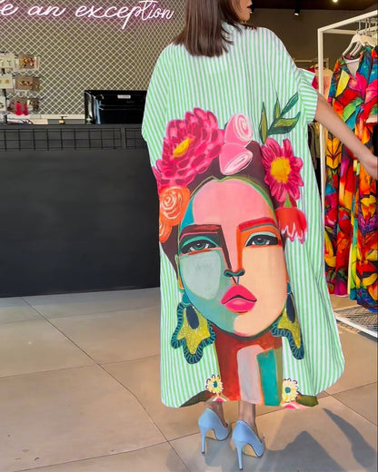 Vertical striped character print lapel slit blouse