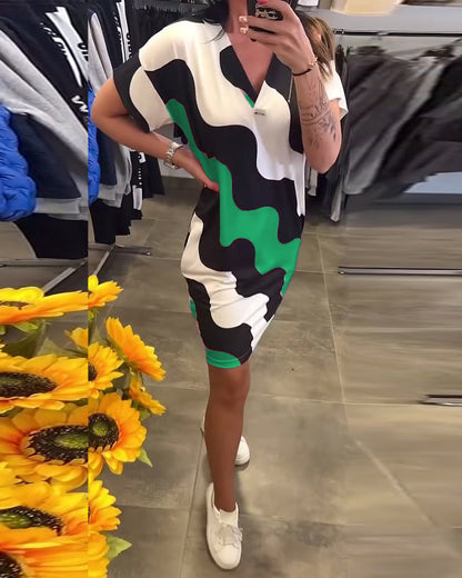 V-Neck Wave Print Dress