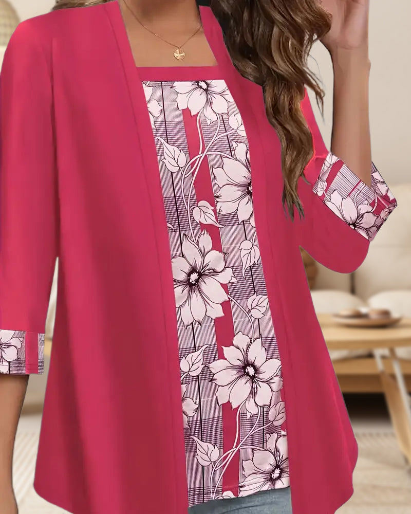 Printed Fake Two-Piece Long-Sleeved Top