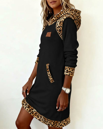 Casual Hooded Leopard-Panel Dress