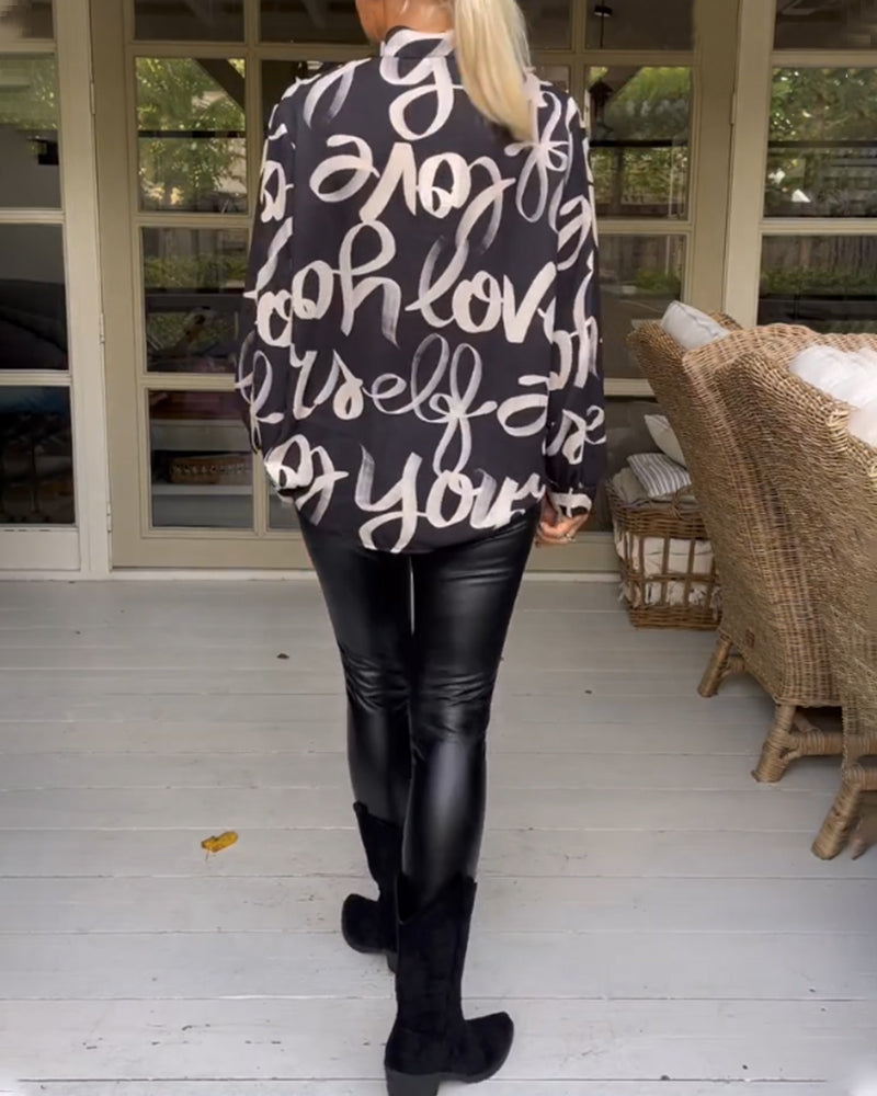 Printed v-neck long-sleeved blouse