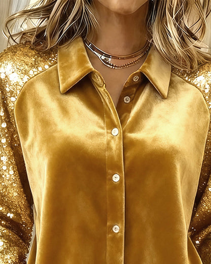 Lapel Sequined Long-Sleeved Shirt