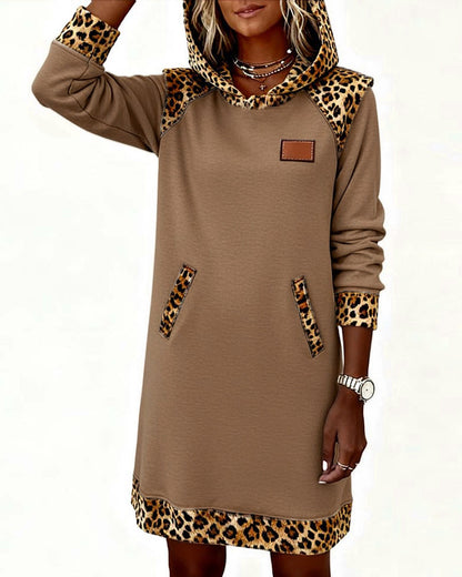 Casual Hooded Leopard-Panel Dress