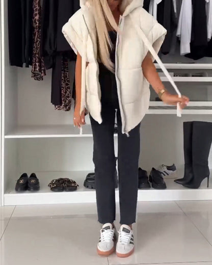 Hooded solid color zipper short sleeve padded jackets