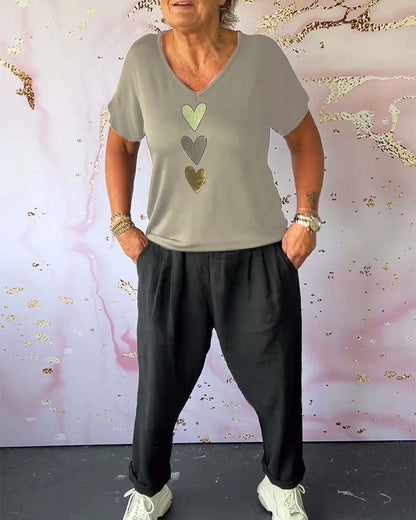 V-neck short-sleeved heart blouse