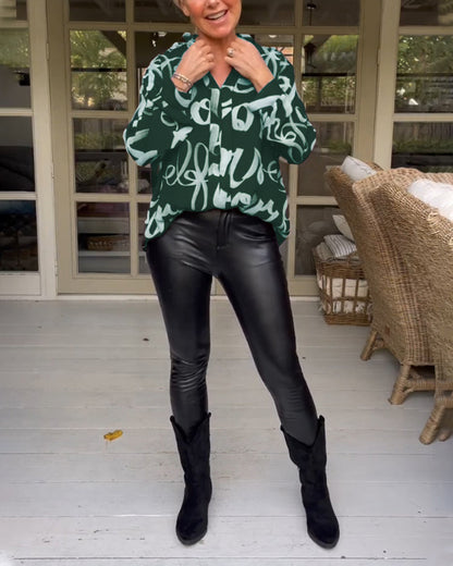 Printed v-neck long-sleeved blouse