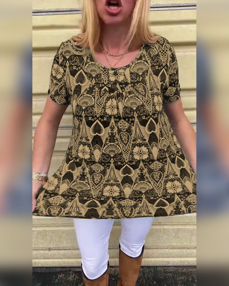 Casual Retro Crew Neck Printed T-Shirt