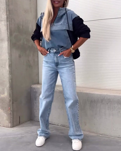 Casual denim patchwork zipper hoodie