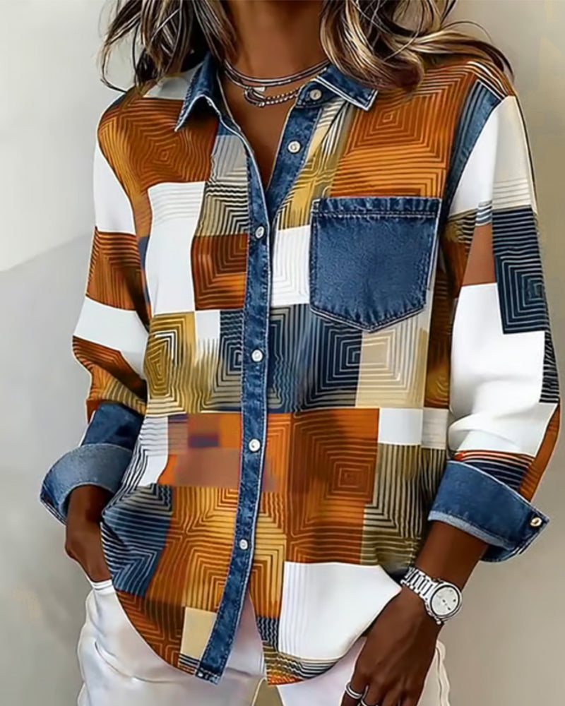 Color Block Fashionable Lapel Shirt