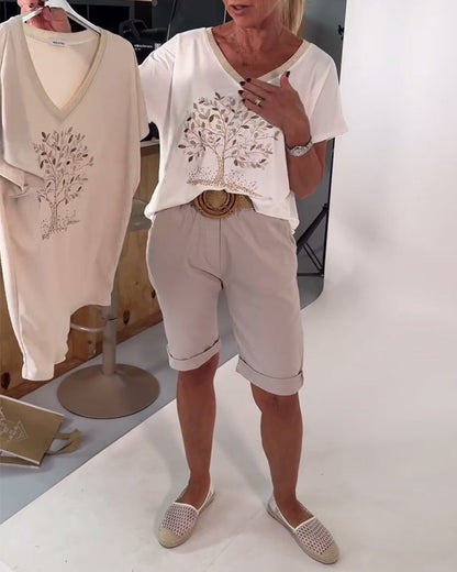 V-Neck Printed Versatile T-Shirt