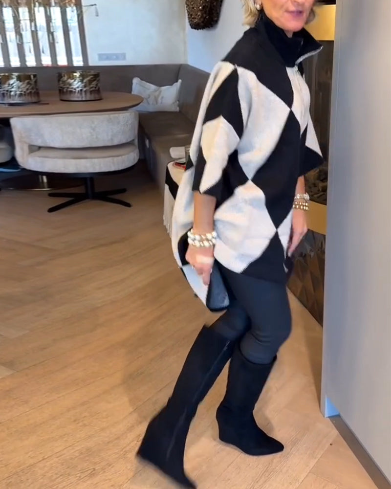 Stand-Up Collar Argyle Irregular Pullover