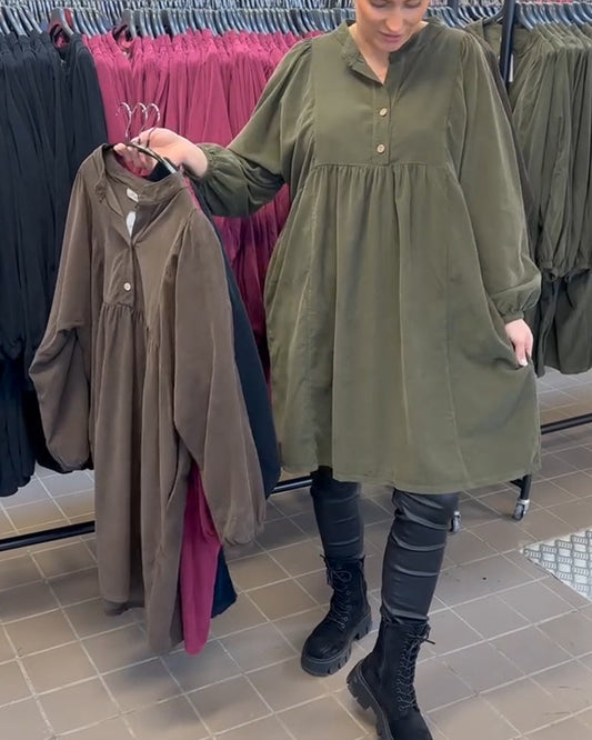 Button V-Neck Long-Sleeved Dress