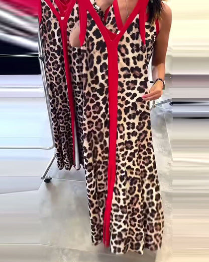 Sleeveless Elegant Leopard Print Contrast Dress