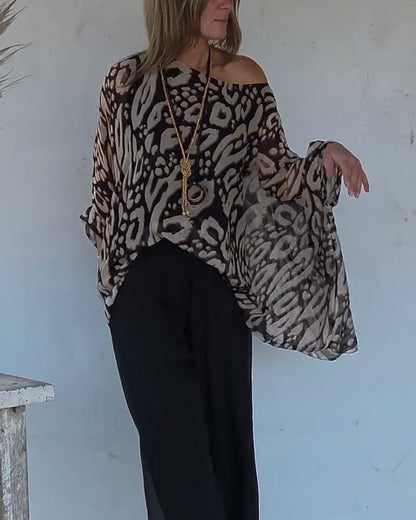 Irregular Bat Print Long-Sleeved Blouse