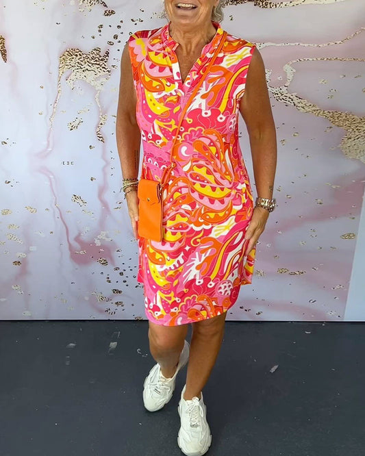 Printed sleeveless V-neck elegant dress