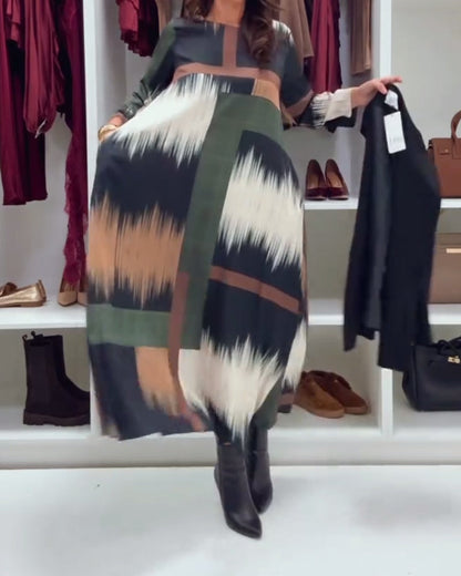 Fashion Printed Round Neck Long Sleeve Dress