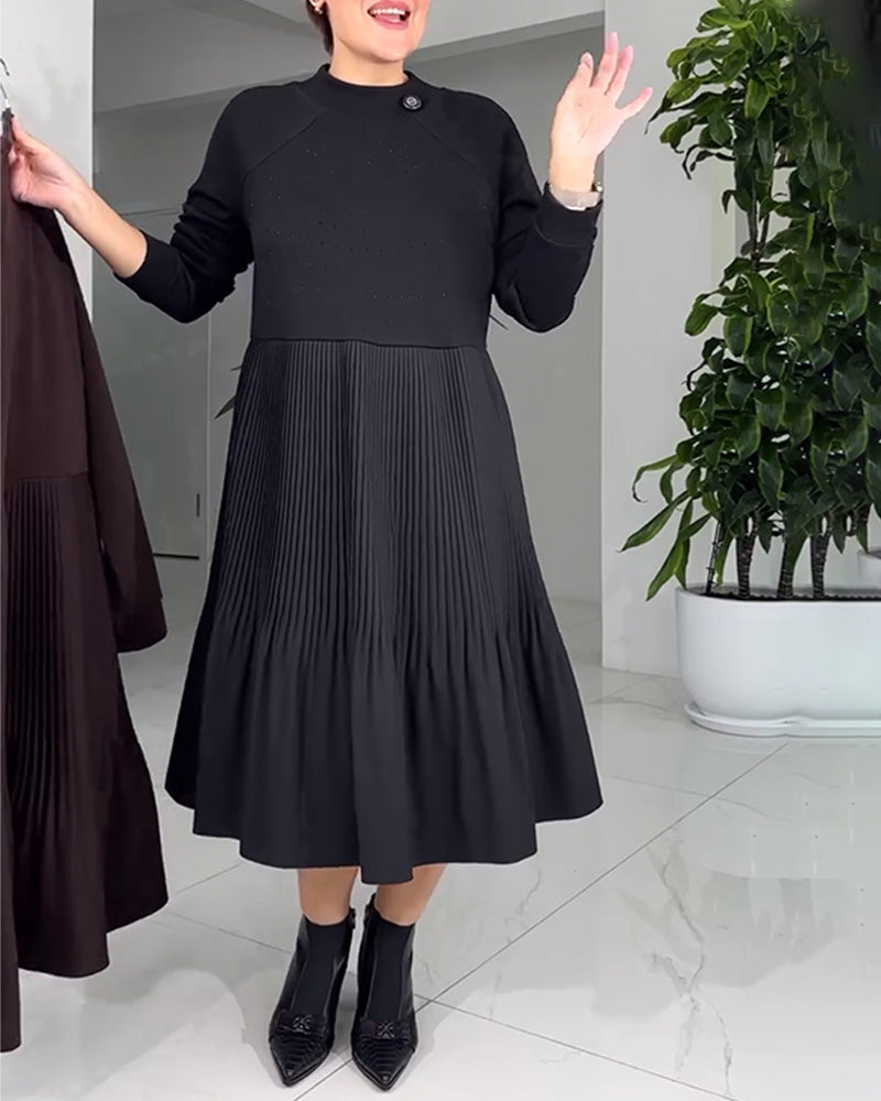 Pleated Paneled Long-Sleeved Dress