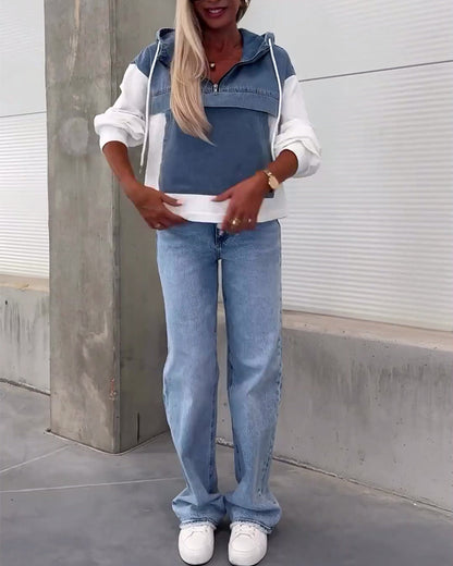 Casual denim patchwork zipper hoodie