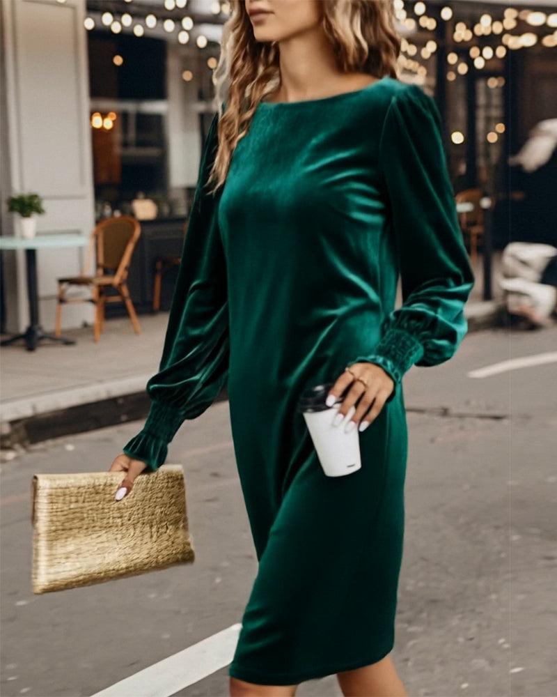 Puff Sleeve Boat Neck Velvet Dress