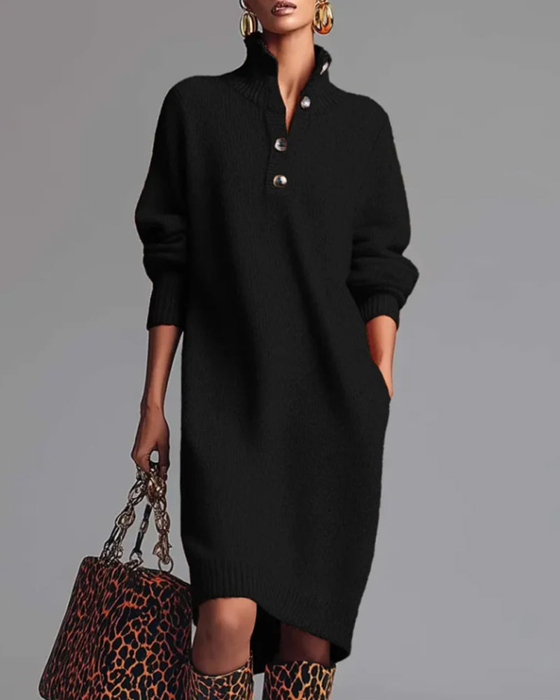 Solid Color Button High Neck Dress