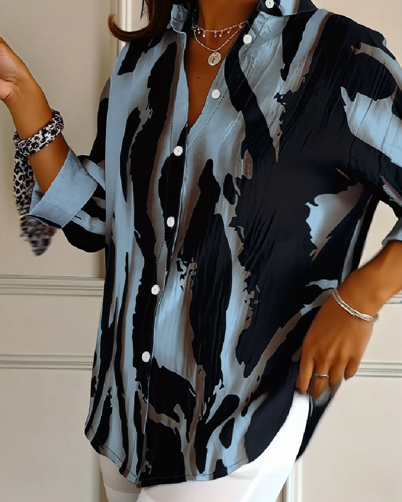 Stand Collar Irregular Printed Blouse