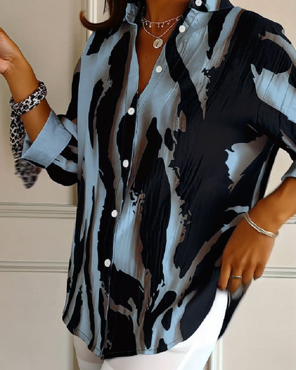 Stand Collar Irregular Printed Blouse