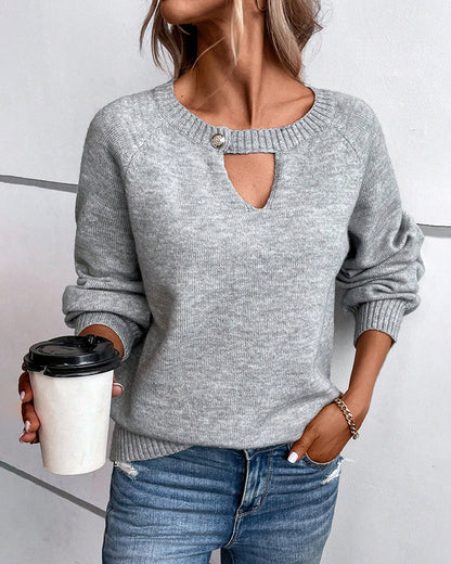 Solid Color Sweater with Hollow Long Sleeve
