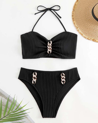 Halter Solid Color Striped Swimsuit