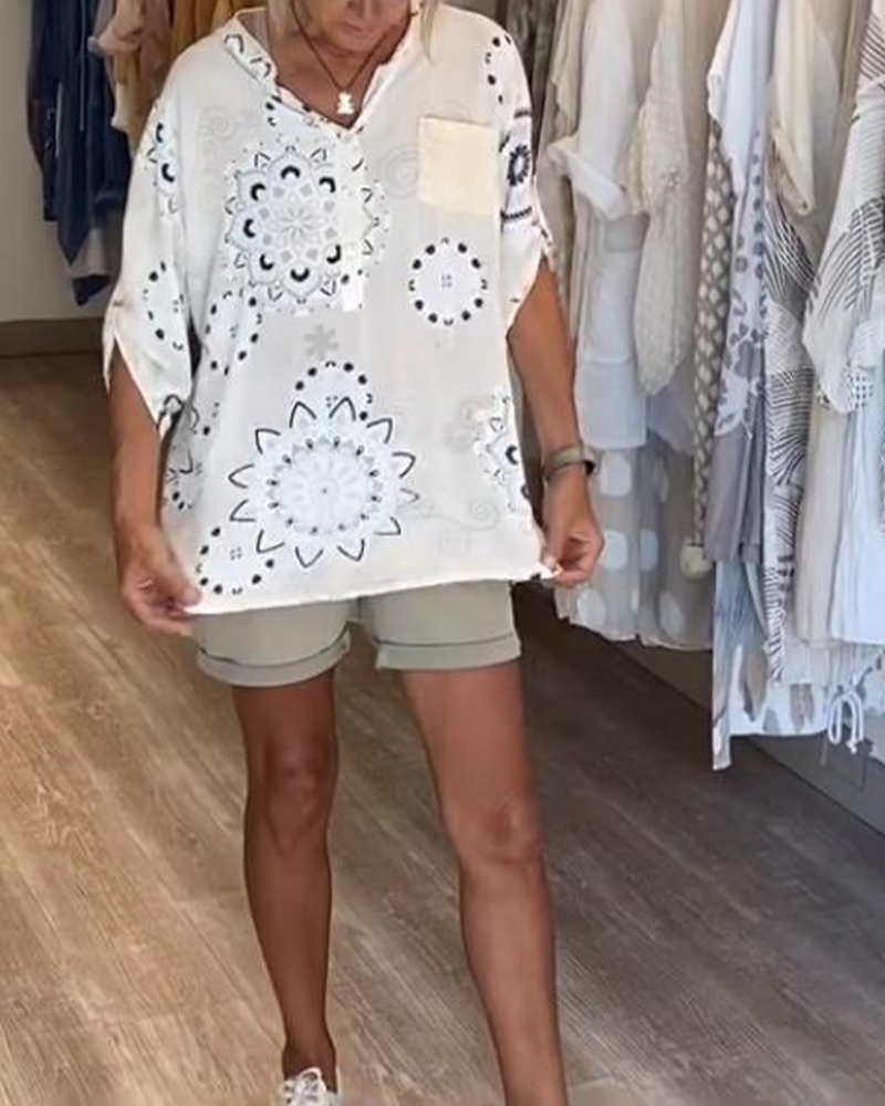 Versatile V-Neck Printed Half Sleeves Blouse