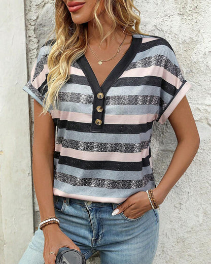 V-Neck Three-Button Striped T-Shirt