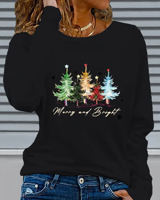 Long-Sleeved Crew Neck Christmas Tree Print Top