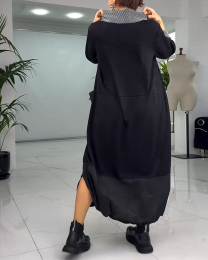 Casual plaid patchwork high collar pocket dress