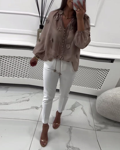 Solid Color 3D Floral Lace-Up Blouse