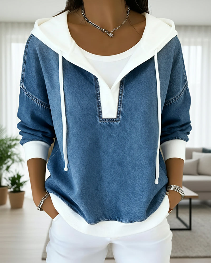 Lace-Up Denim Paneled Hooded Sweatshirt