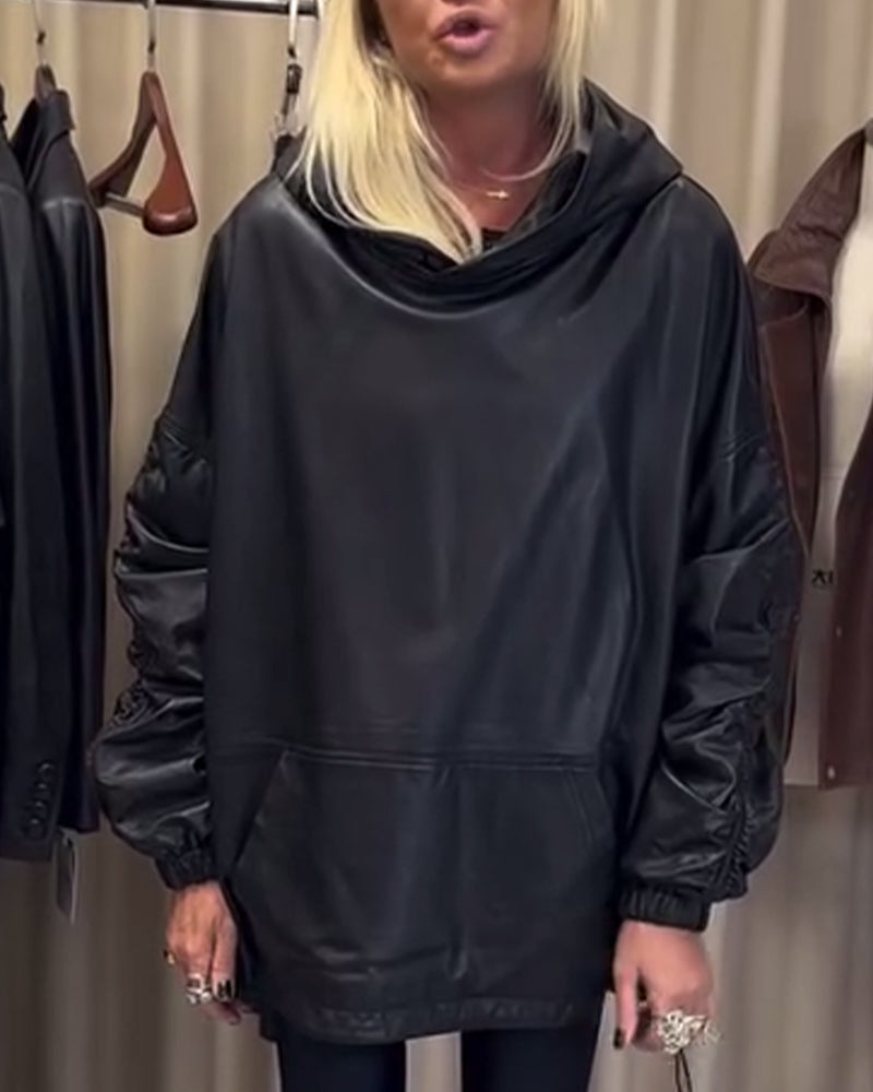 Pu Leather Loose Hoodie