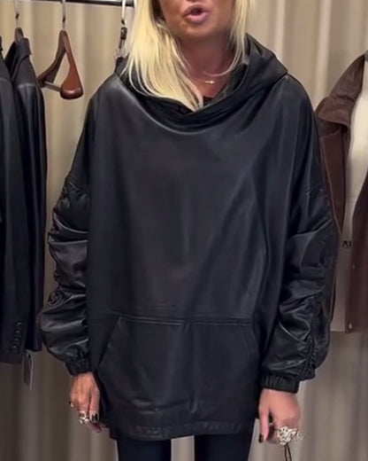 Pu Leather Loose Hoodie