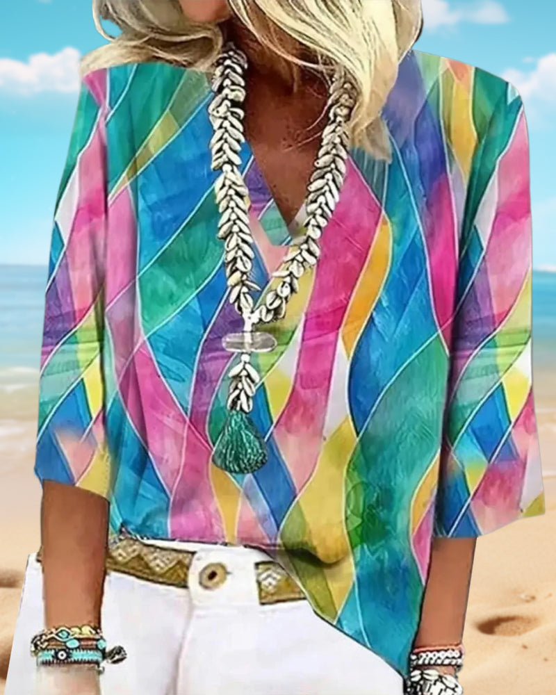 V-Neck Contrast Color Blouse